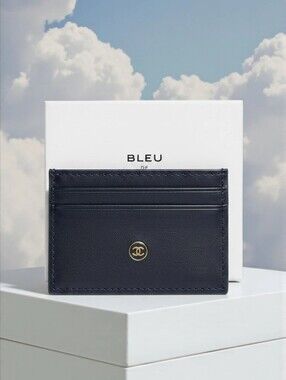 Navy Leather Card Holder with Gold CC Emblem